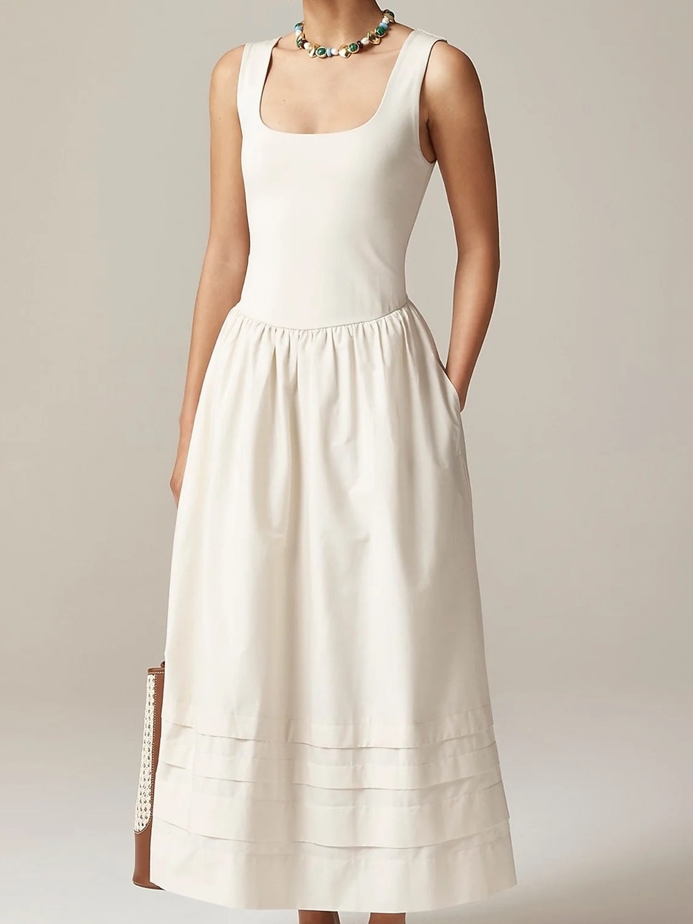 J Crew Sleeveless Cream Square-Neck Drop Waist Maxi Dress